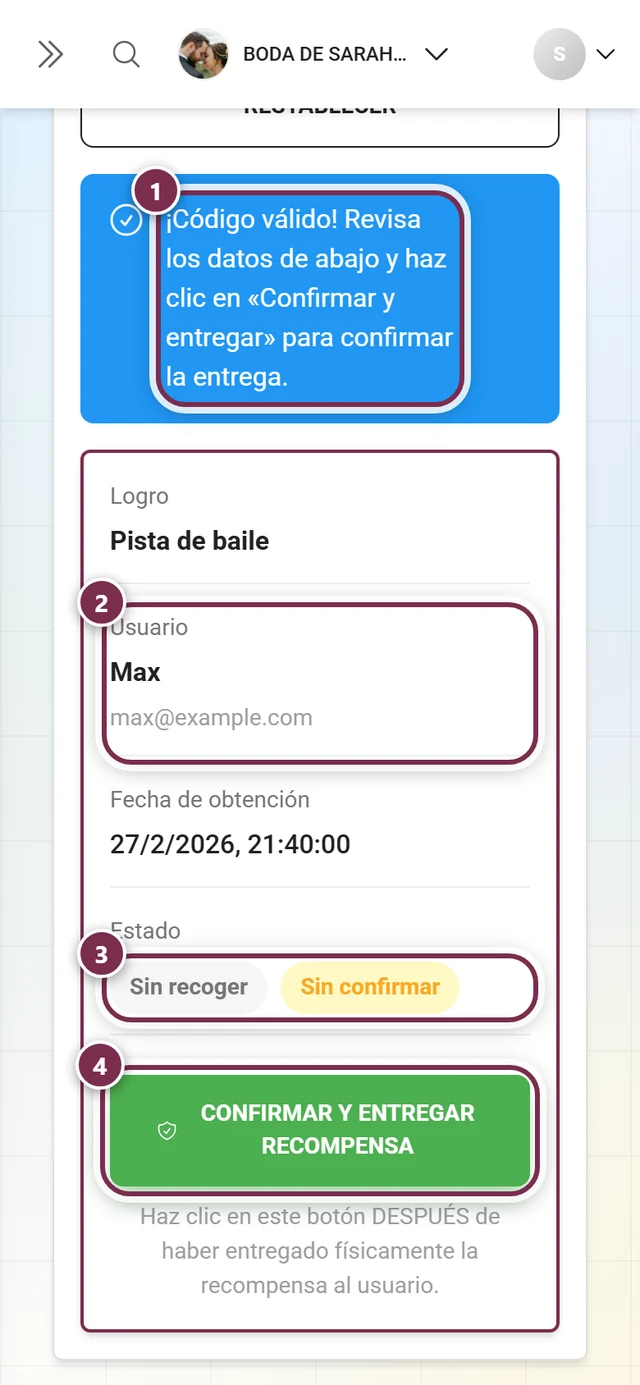 Pestaña Verificar código tras una comprobación correcta con el mensaje, la tarjeta de detalles, los chips de estado y el botón verde resaltados