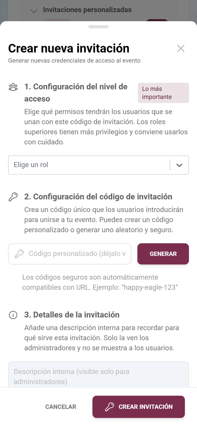 Diálogo para crear una invitación con selección de rol y código de invitación