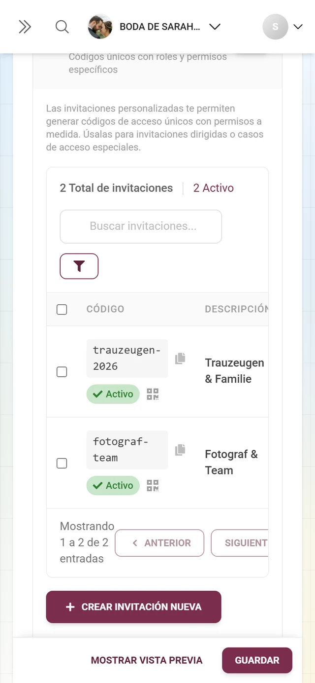 El bloque Invitaciones personalizadas con roles y permisos propios