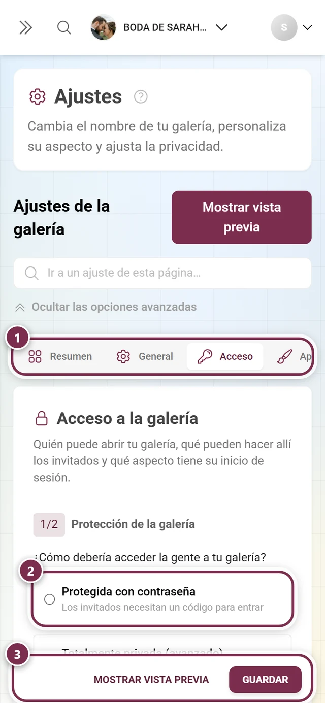 La pestaña Acceso de los ajustes de la galería con protección de la galería, Modo de galería y códigos de invitación