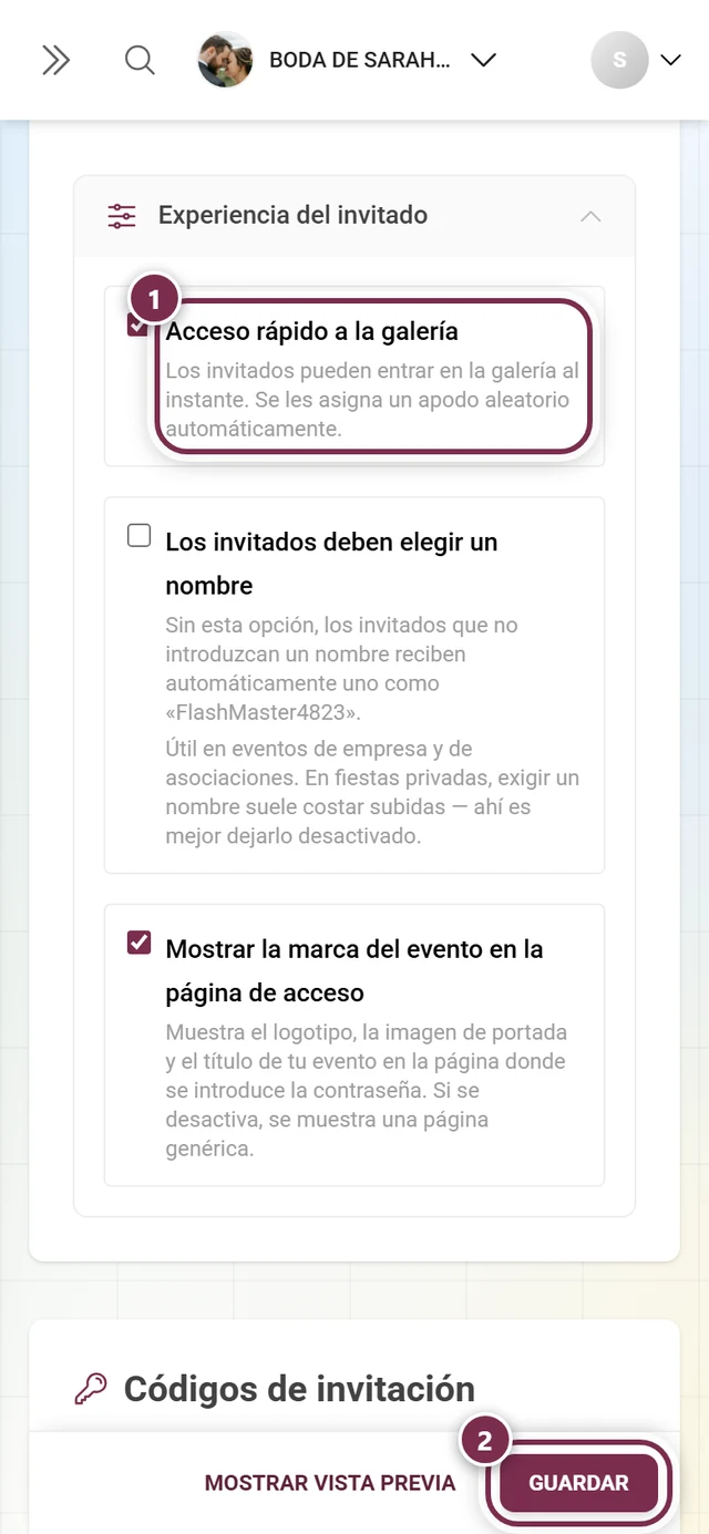 Pestaña Acceso con la fila Acceso rápido a la galería marcada y el botón Guardar cambios marcado