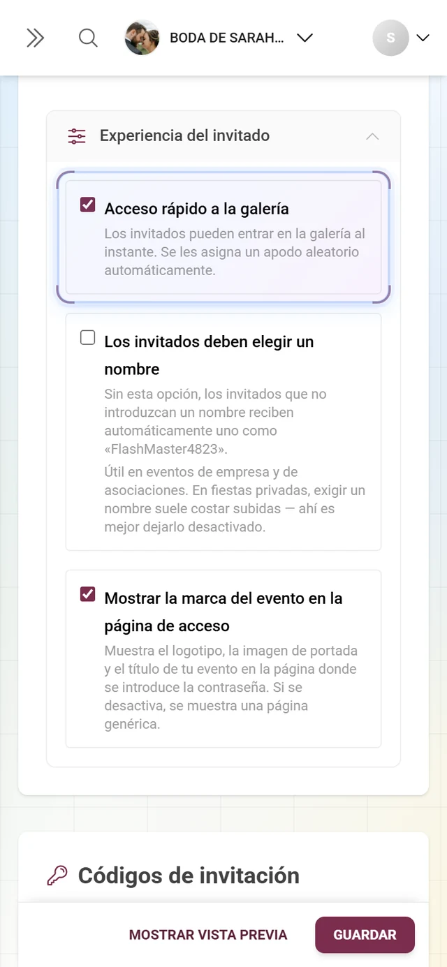 Bloque desplegable Experiencia del invitado abierto con las casillas Acceso rápido a la galería, Los invitados deben elegir un nombre y Mostrar la marca del evento en la página de acceso