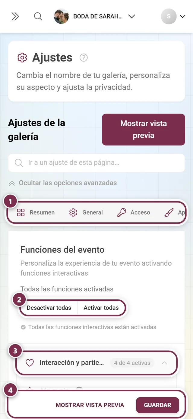 La pestaña Funciones de la galería con secciones en acordeón e interruptores para me gusta, comentarios, descargas y más