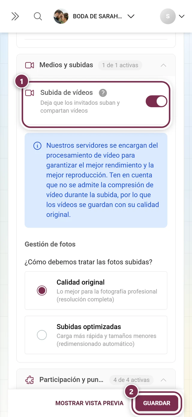 Tarjeta de función Subida de vídeos con el interruptor y la barra de guardado señalados