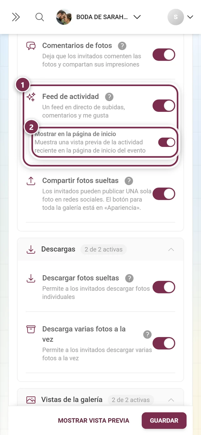Ajustes de funciones con la tarjeta Feed de actividad resaltada y el interruptor secundario Mostrar en la página de inicio