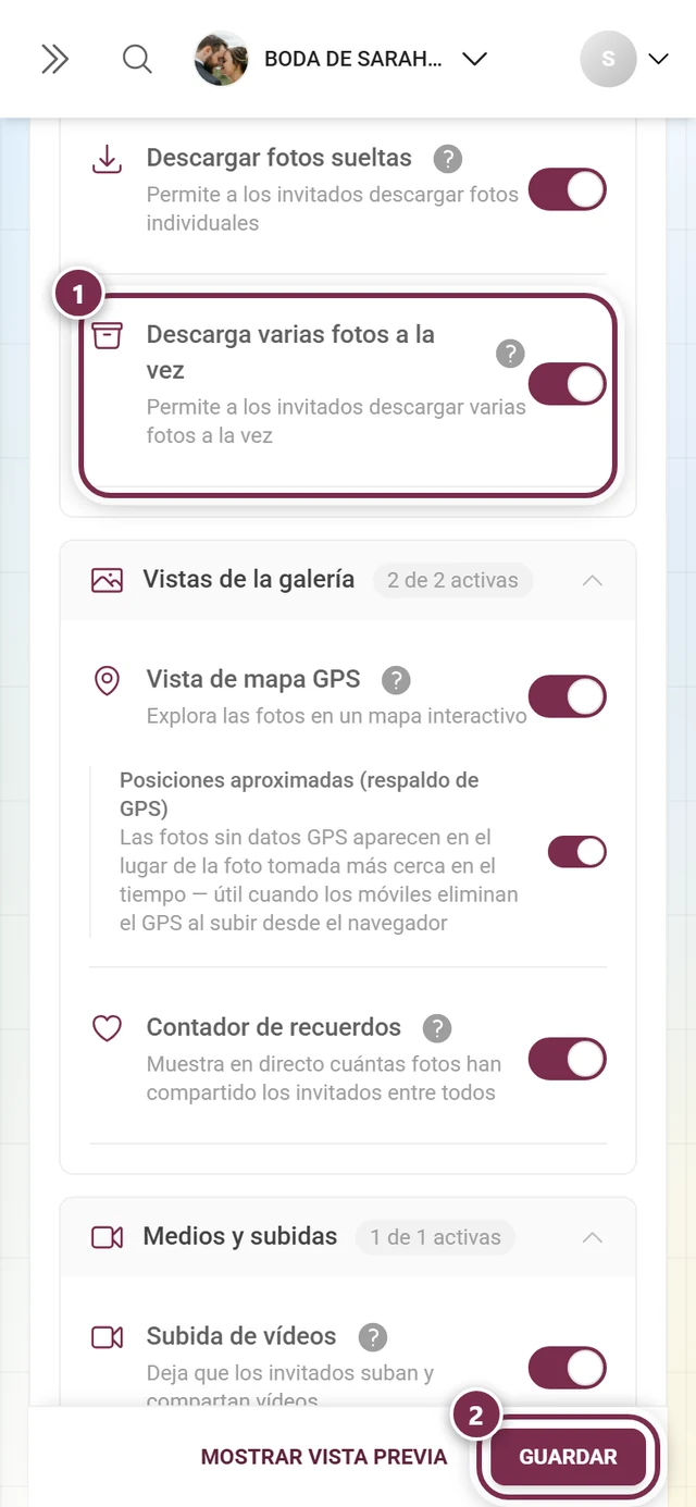 Tarjeta de función para la descarga múltiple con el interruptor y la barra de guardado señalados