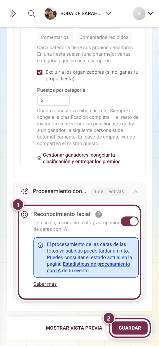 Tarjeta de función Reconocimiento facial con el interruptor y la barra de guardado señalados