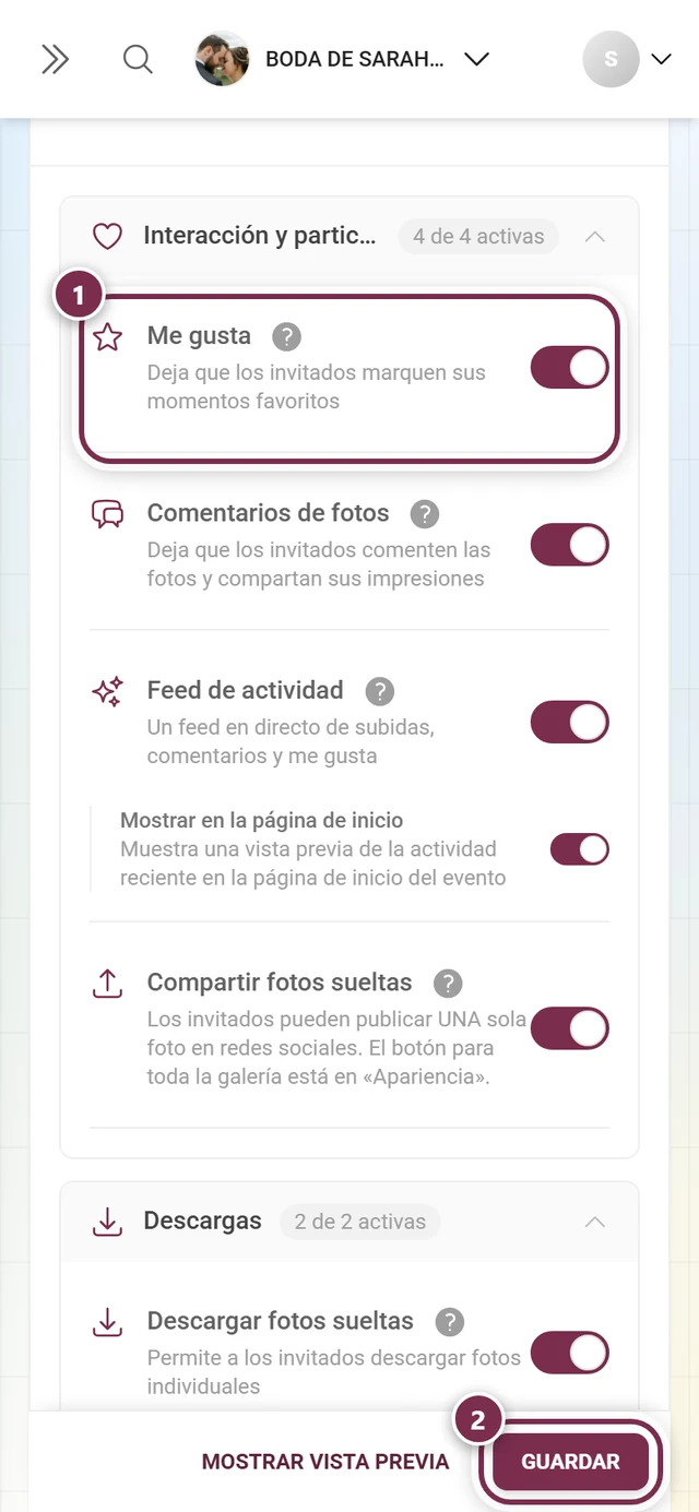 Tarjeta de función Me gusta con el interruptor y la barra de guardado señalados