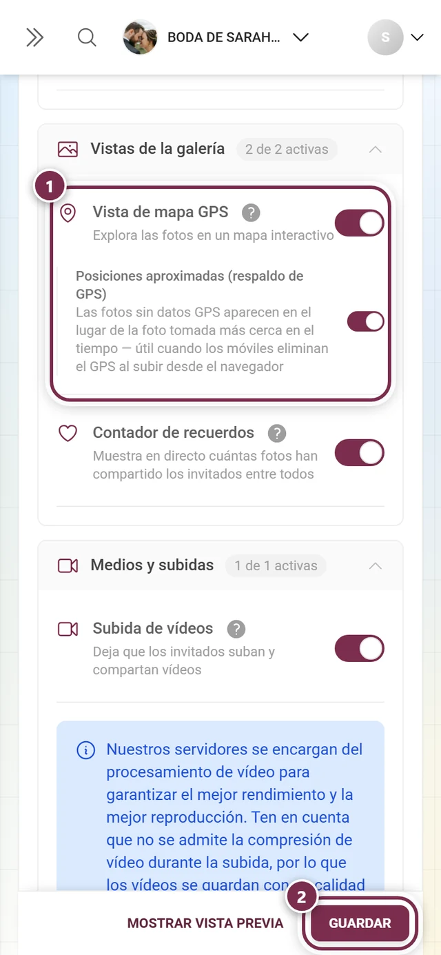 Tarjeta de función Vista de mapa GPS con el interruptor y la barra de guardado señalados