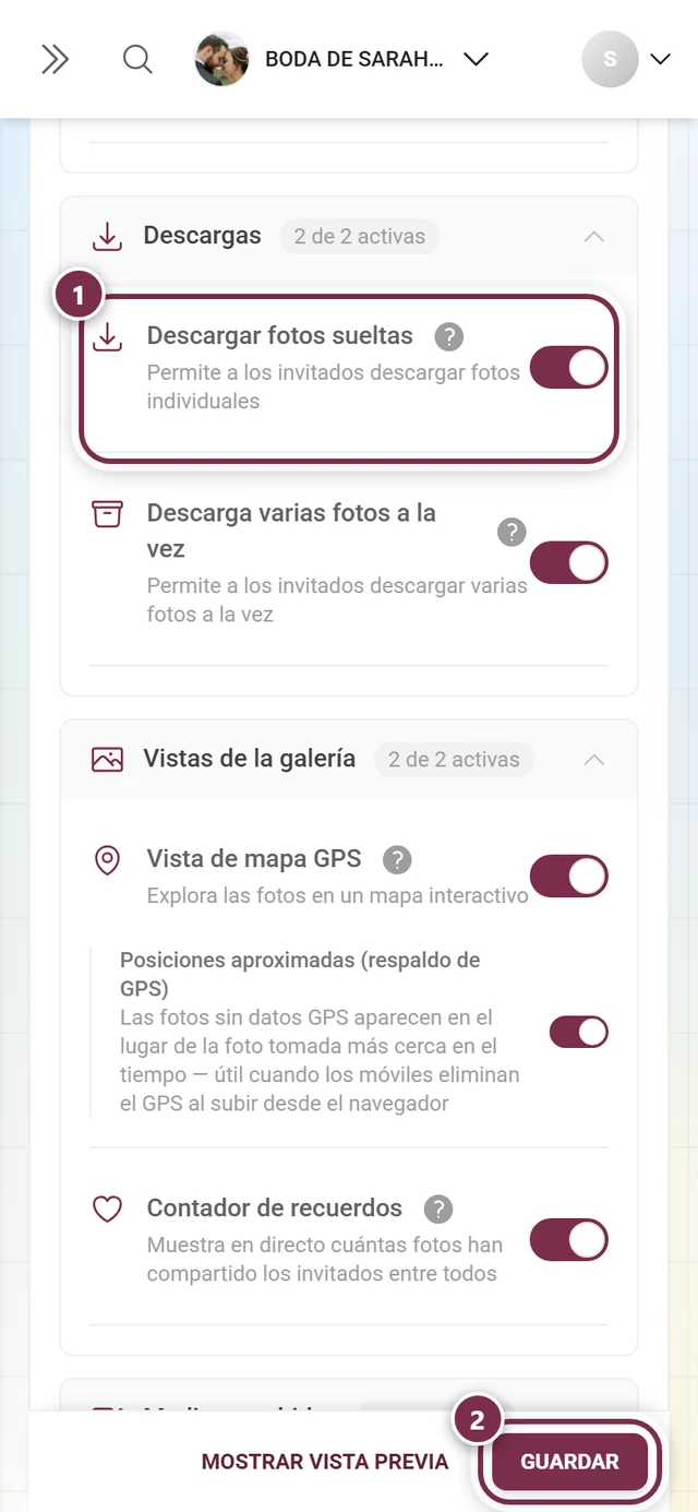 Configuración: Funciones con el interruptor Descargar fotos sueltas resaltado