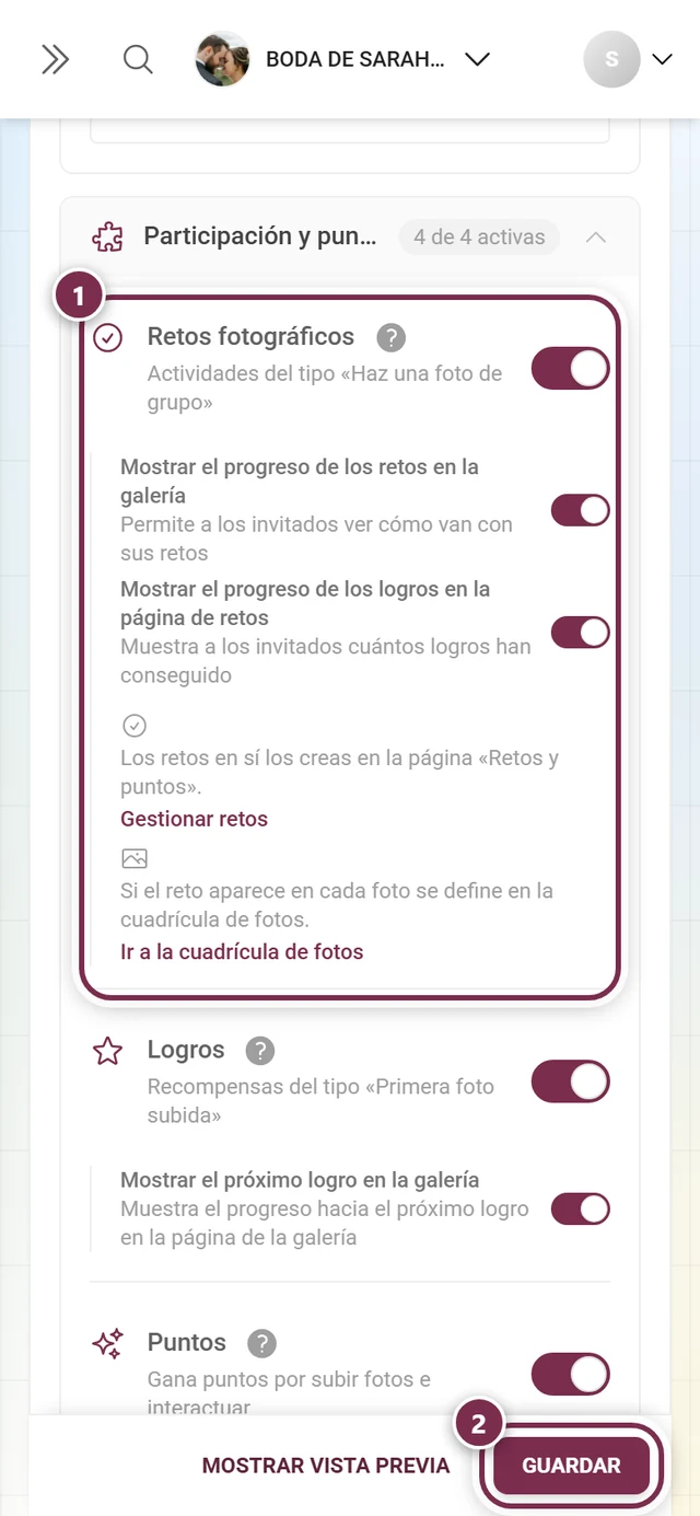 Tarjeta de función Retos fotográficos con el interruptor y la barra de guardado señalados