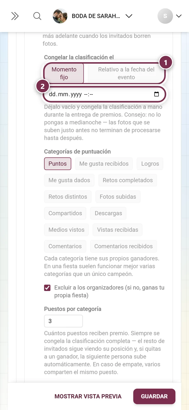Los dos modos Momento fijo y Relativo a la fecha del evento con el campo de fecha debajo