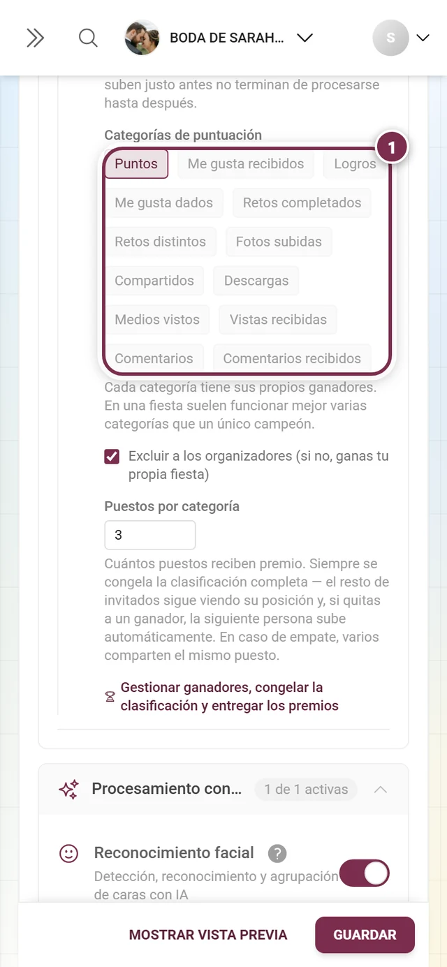 Las trece categorías de puntuación como chips, con Puntos seleccionada y varias en gris