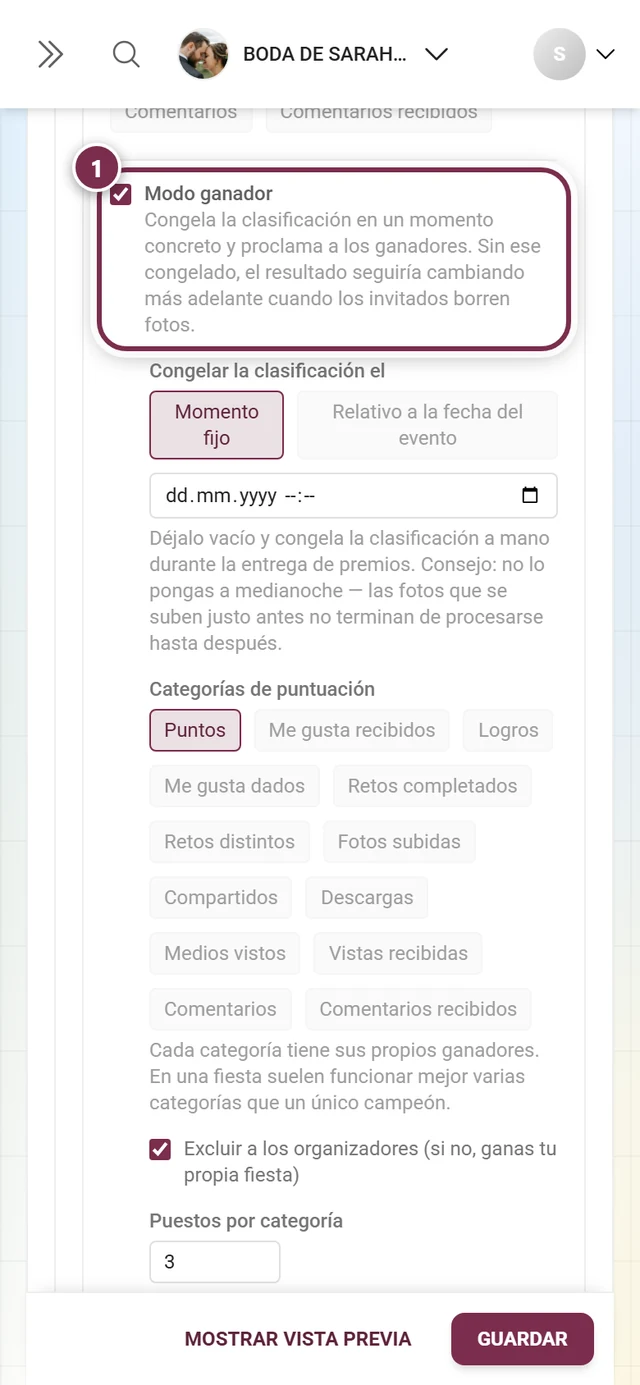 La casilla Modo ganador dentro de la tarjeta Clasificación, con el texto explicativo debajo