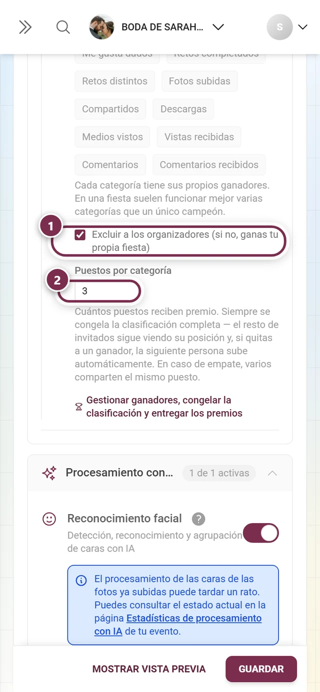 La casilla Excluir organizadores y debajo el campo numérico Plazas por categoría con el valor 3