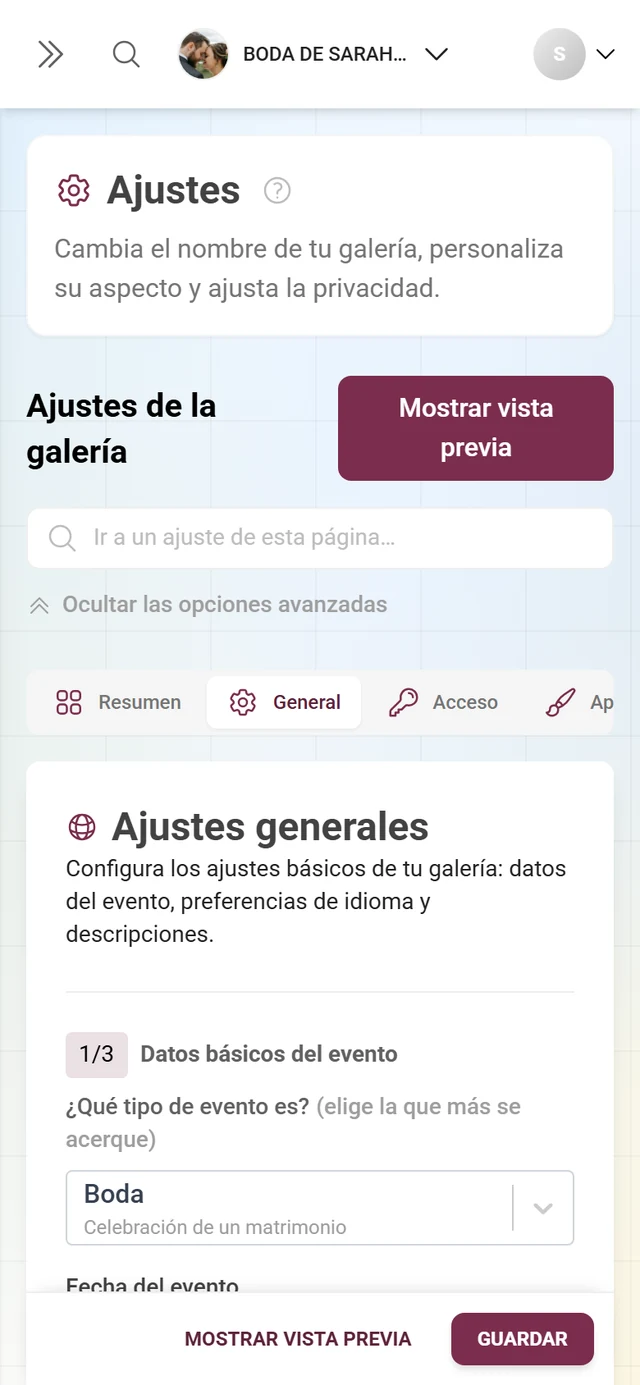 Apartado 3/3 Contenido de la galería con el selector de idioma, el título de la galería y la descripción