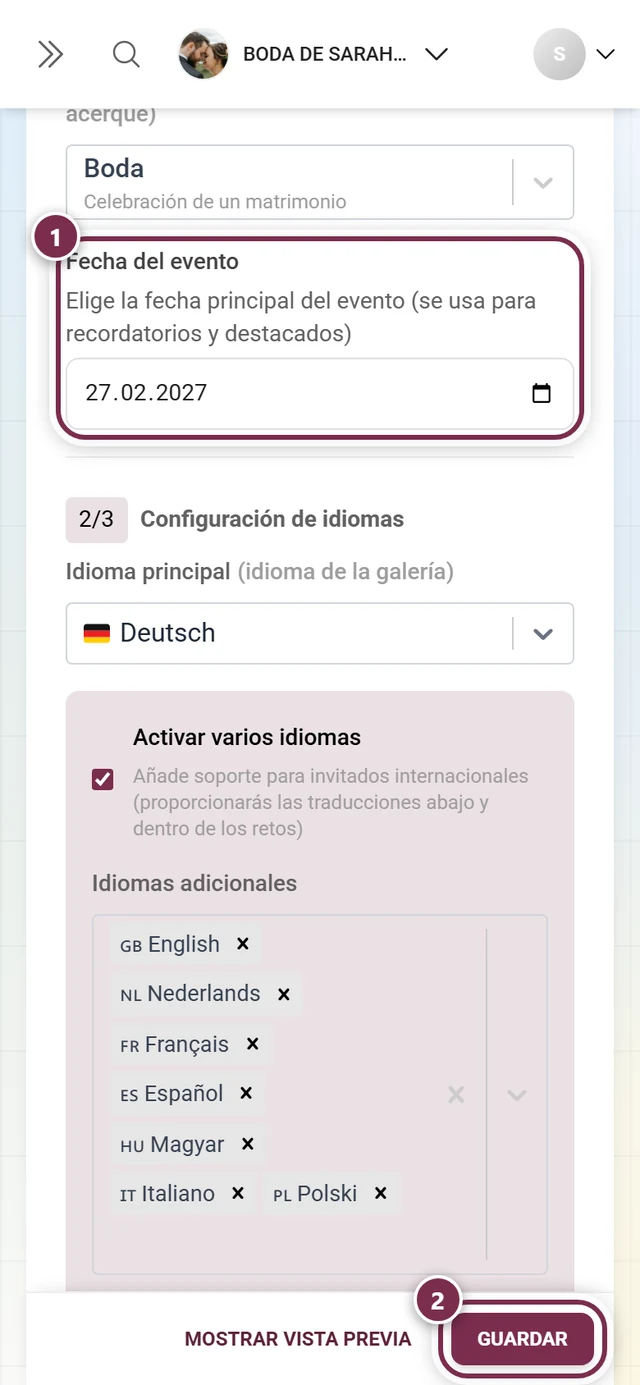 Campo Fecha del evento en los ajustes generales con marcador y barra de guardado