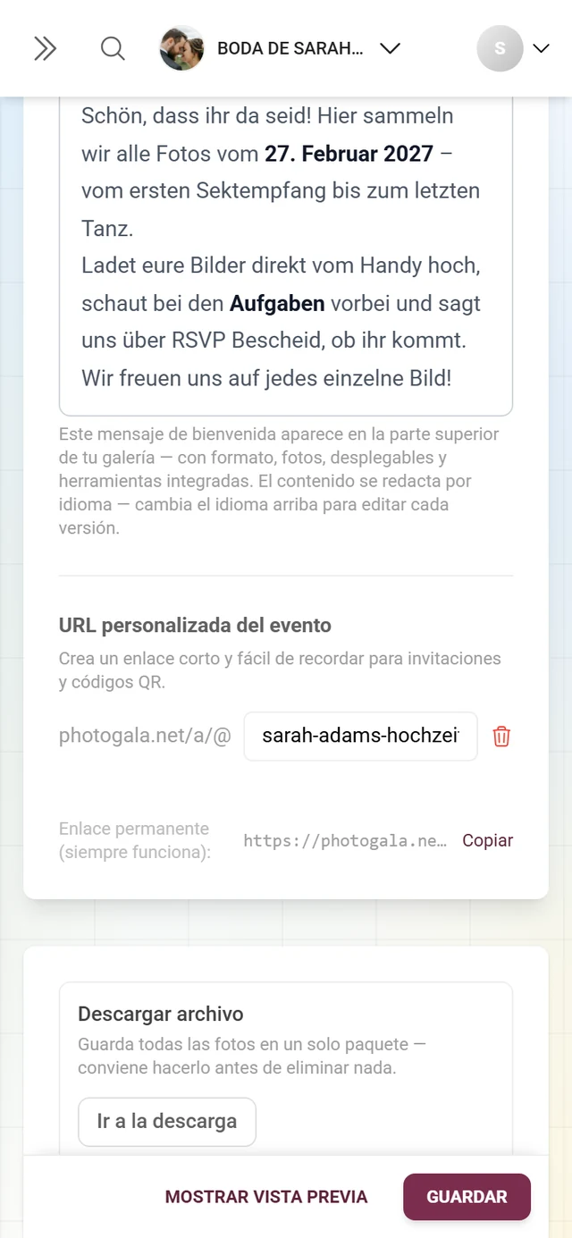 URL personalizada del evento con su campo de entrada y el enlace permanente debajo