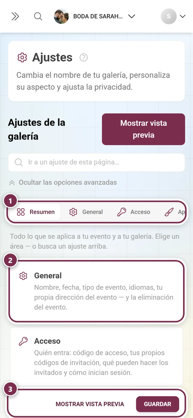 La pestaña Resumen de los ajustes de la galería con una tarjeta por apartado