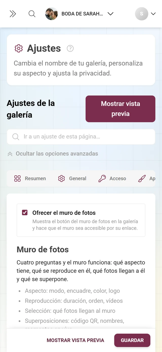 Los ajustes del muro de fotos en el panel de administración