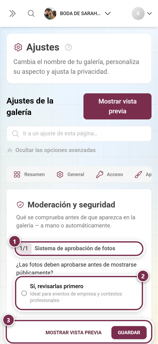 Pestaña de ajustes Moderación y seguridad con el interruptor del filtro de contenido
