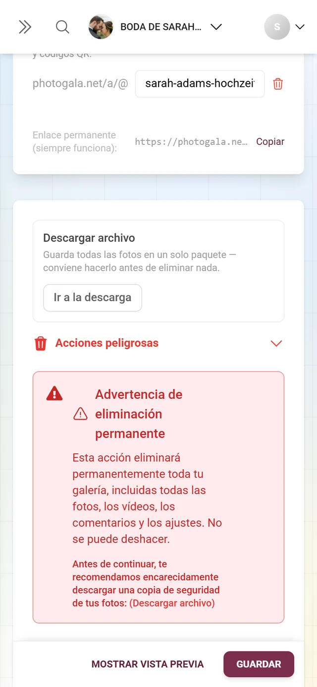El bloque Acciones peligrosas al final de la pestaña General con el campo de confirmación