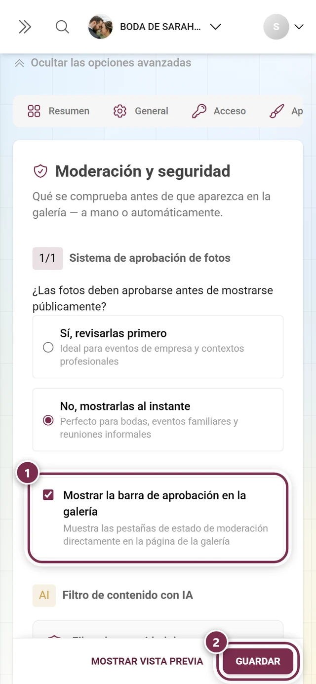 Tarjeta Mostrar la barra de aprobación en la galería con el interruptor y la barra de guardado marcados