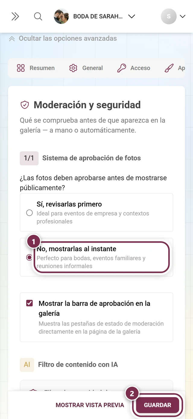 Ajustes, pestaña Moderación y seguridad, con la pregunta sobre la aprobación de fotos y la barra de guardado
