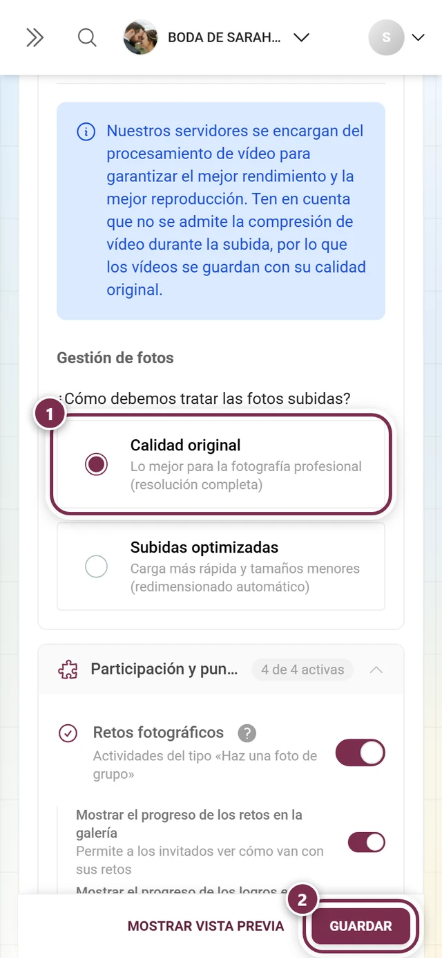 Gestión de fotos con la opción Calidad original resaltada y la barra de guardado resaltada