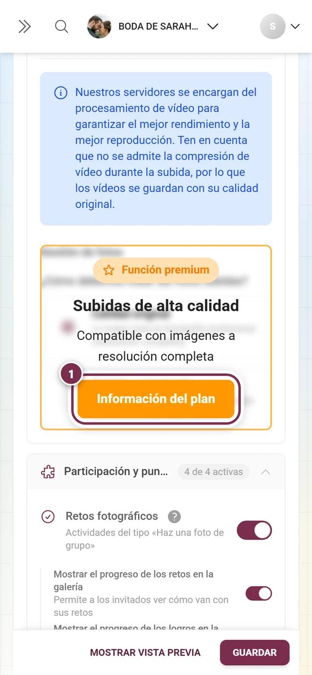 Bloque Gestión de fotos cubierto por un aviso naranja de mejora de plan, el botón resaltado