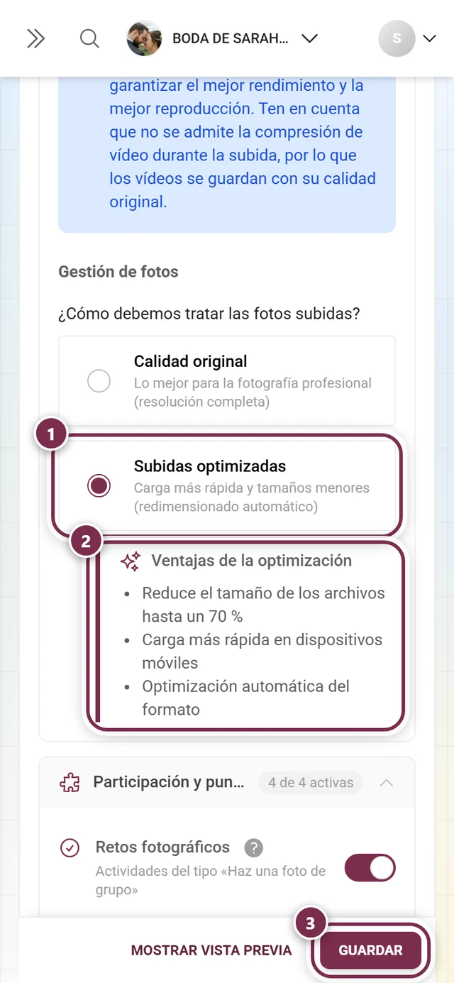 Subidas optimizadas seleccionada, debajo el cuadro desplegado Ventajas de la optimización, abajo la barra de guardado