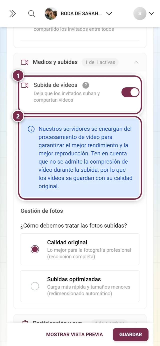 Interruptor de subida de vídeos y, debajo, el aviso azul sobre el procesamiento de vídeo, ambos resaltados