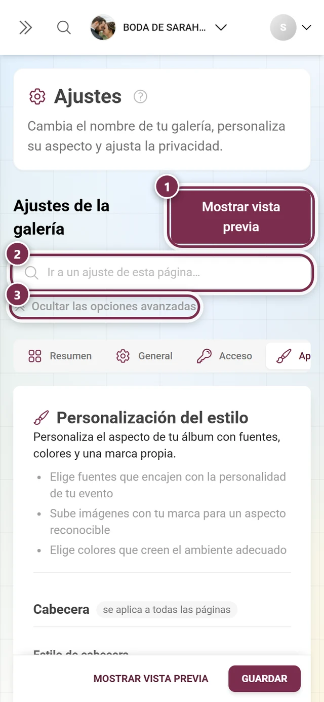 Ajustes de aspecto con logo, colores e imagen de portada