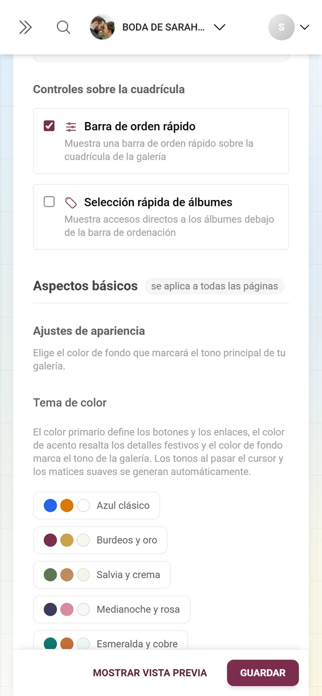 Bloque Ajustes de apariencia con seis paletas de color y color primario y de acento