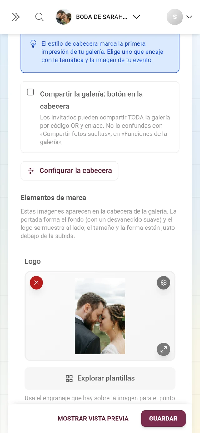Casilla Compartir la galería, botón Configurar la cabecera y los campos vacíos de subida de Logo e Imagen de portada