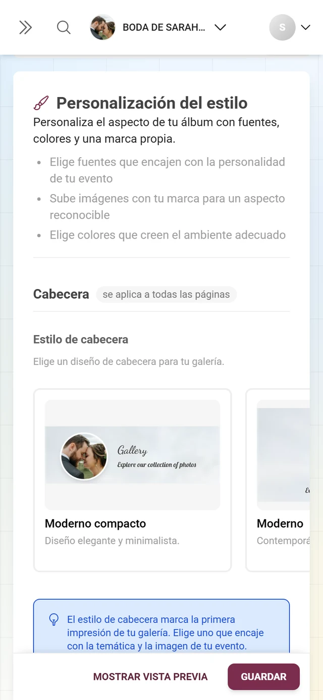 Bloque Estilo de cabecera con las tarjetas de vista previa Moderno compacto, Moderno, Polaroid y Minimalista