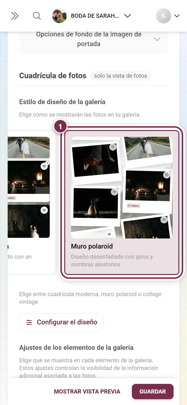 Selector de diseño de la galería con la ficha activa resaltada