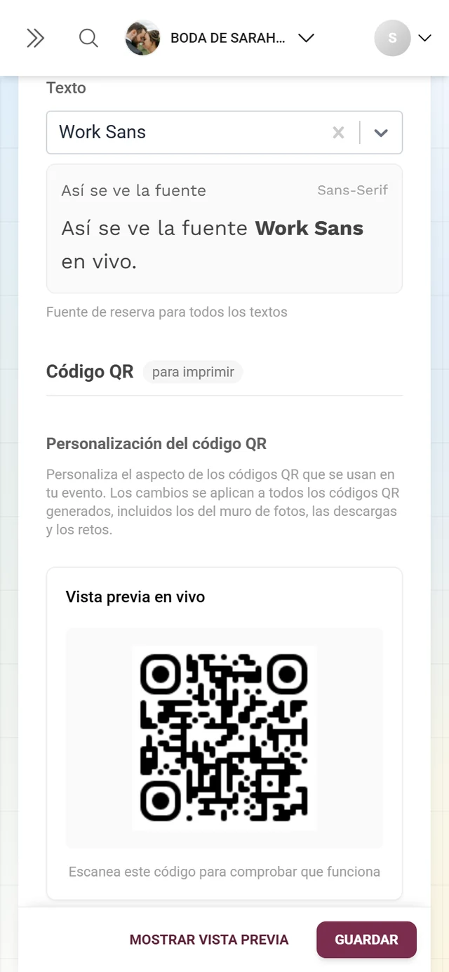 Bloque Personalización del código QR con vista previa en vivo, botón Diseñador de código QR y consejos
