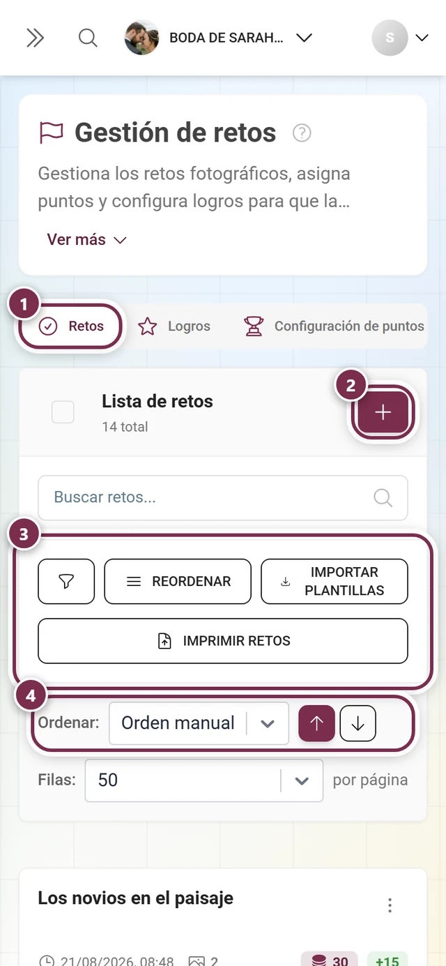 Gestión de retos con la barra de pestañas, el botón de creación, la barra de herramientas y el orden señalados