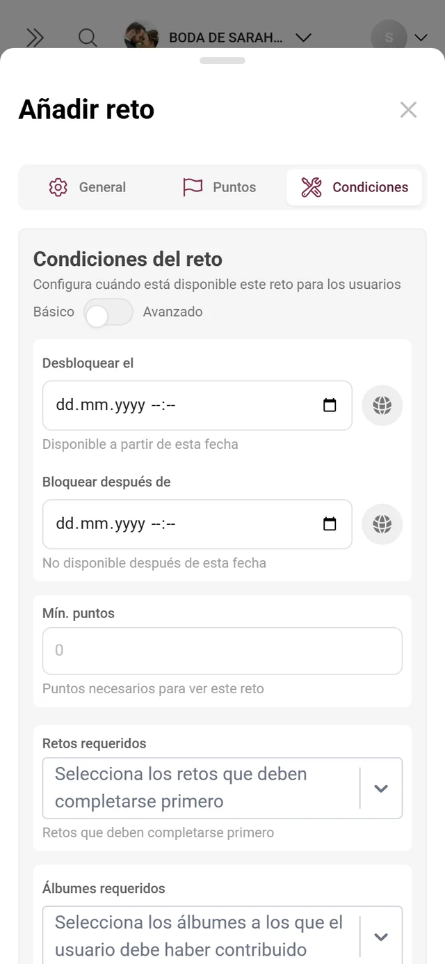 Pestaña Condiciones en el editor de retos con los interruptores Básico y Avanzado