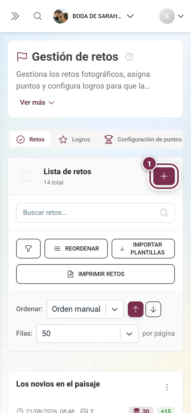 Gestión de retos con el botón Crear reto resaltado en rojo arriba a la derecha, sobre la barra de herramientas