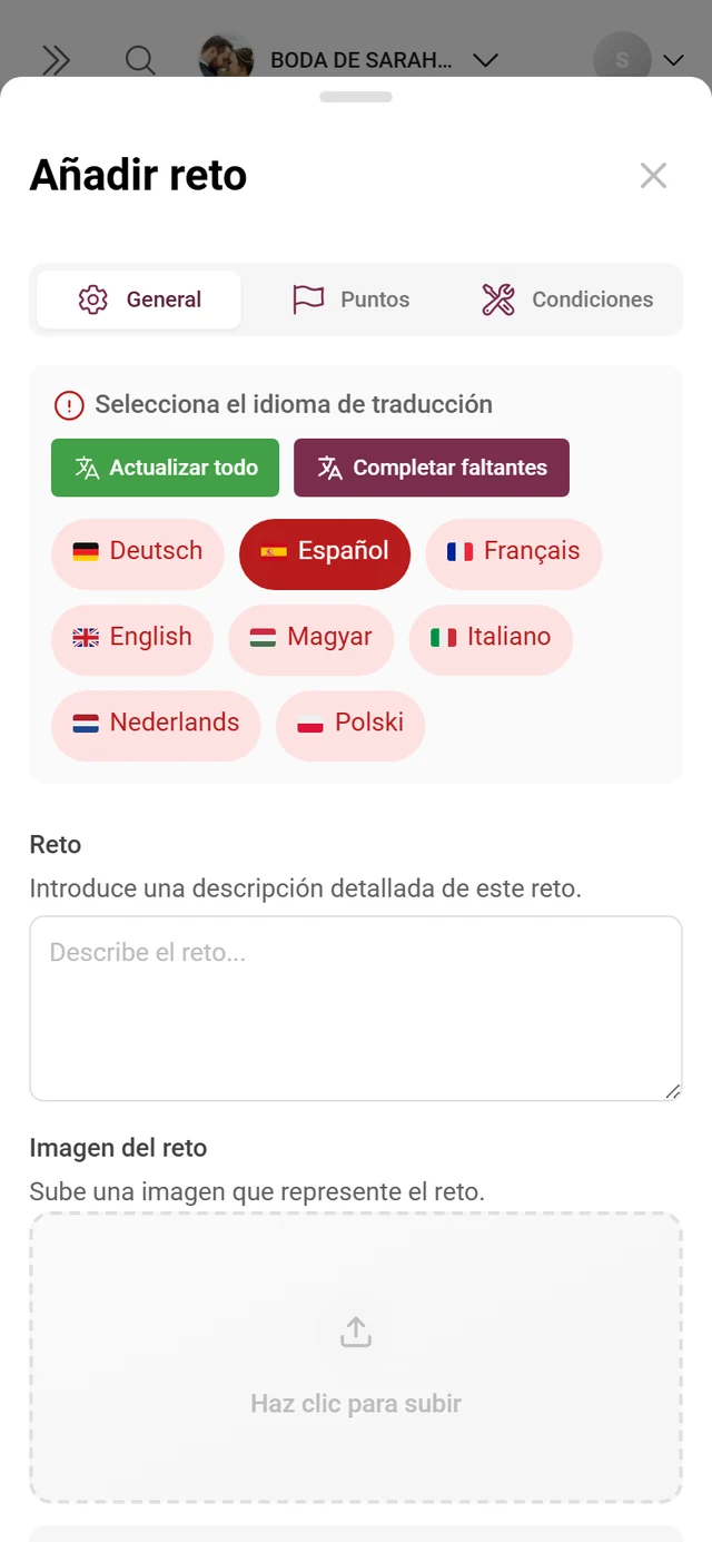 Editor de retos con campos para el reto, la imagen de referencia, los puntos y el orden