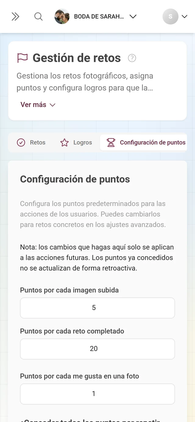 Pestaña Configuración de puntos con los valores de puntos por acción