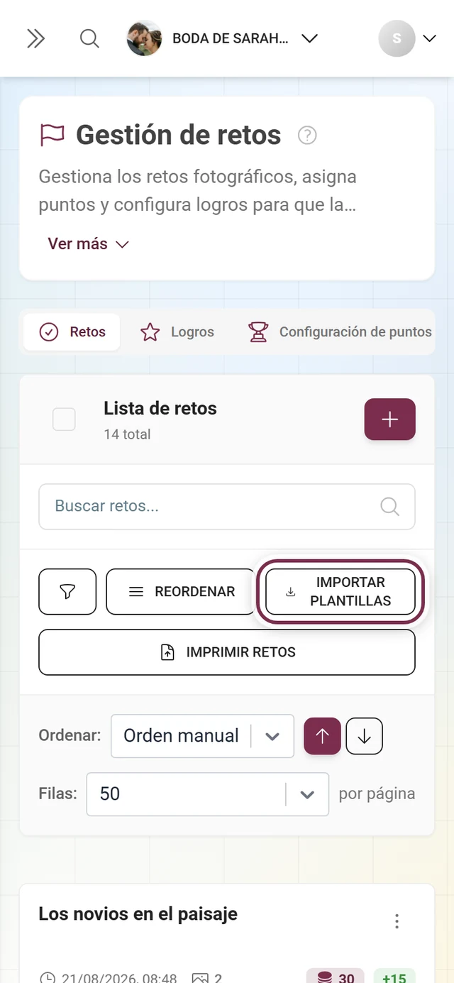 Barra de herramientas de la gestión de retos con el botón Importar plantillas resaltado en rojo