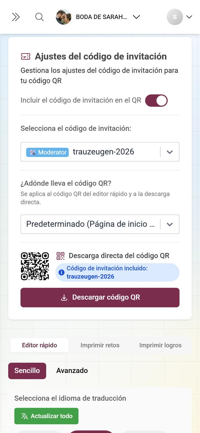 Tarjeta de ajustes del código de invitación con el interruptor, el destino del QR y la descarga directa