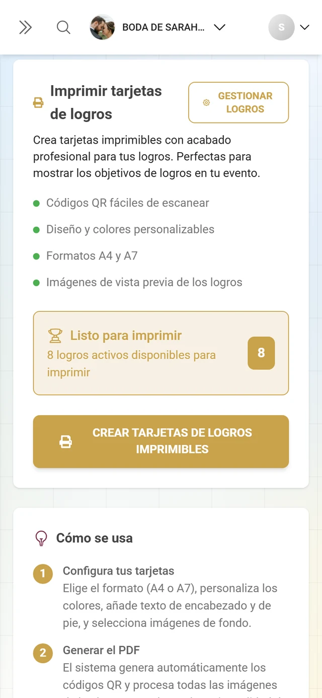 Pestaña Imprimir logros con la tarjeta Imprimir tarjetas de logros