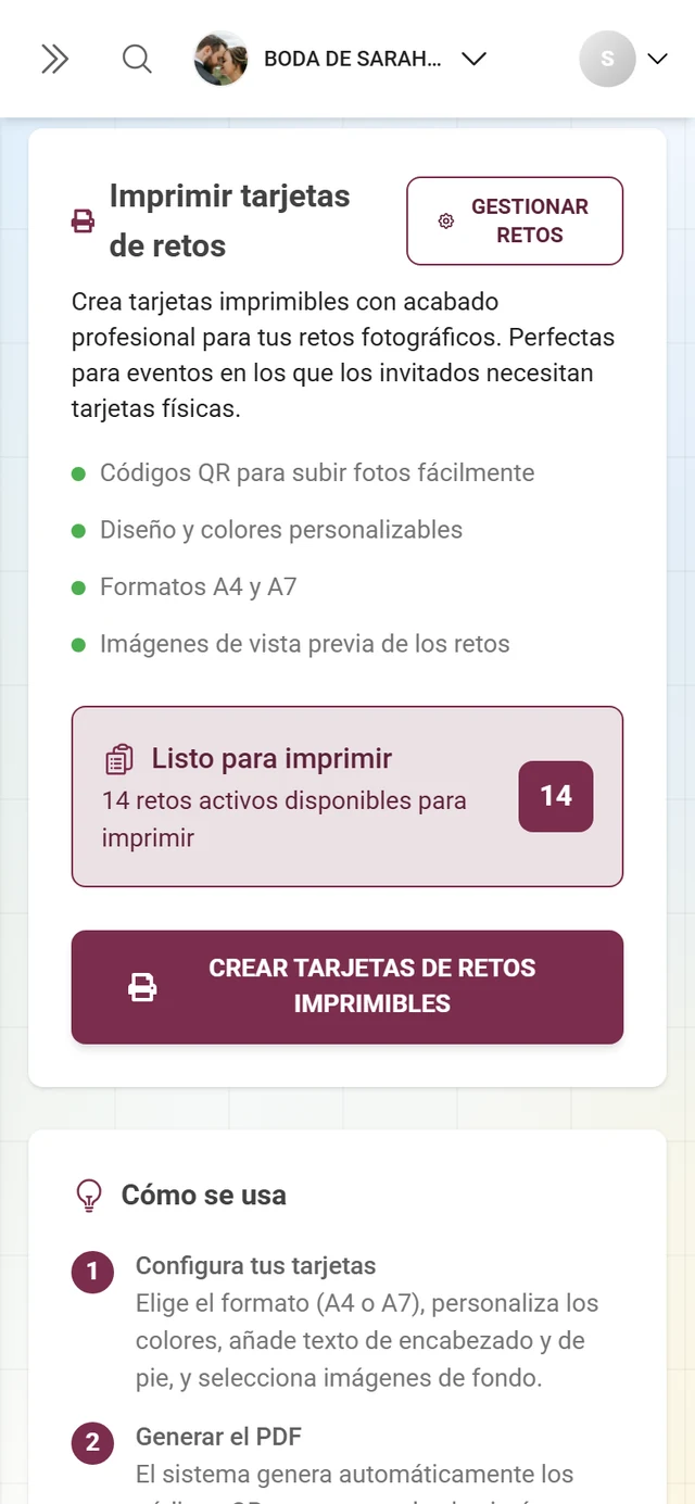 Pestaña Imprimir retos con la tarjeta Imprimir tarjetas de retos