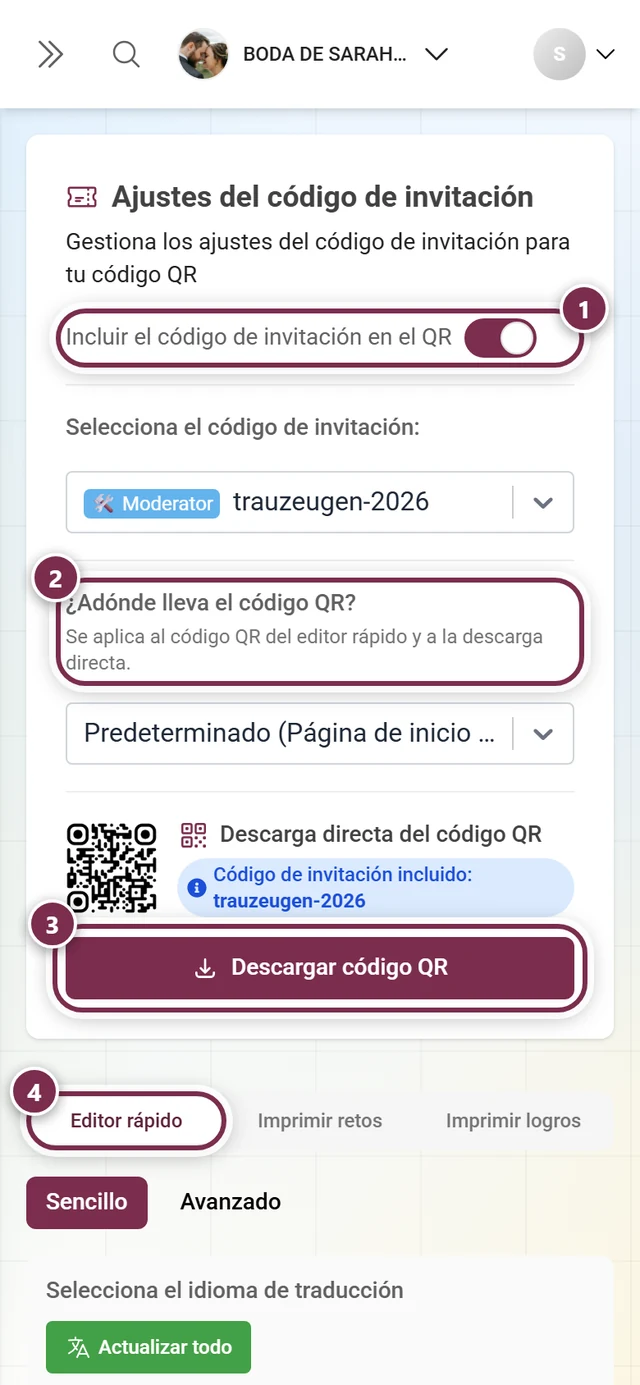 Página de plantillas de impresión con el interruptor del código de invitación, el destino del QR, el botón de descarga y las pestañas resaltados