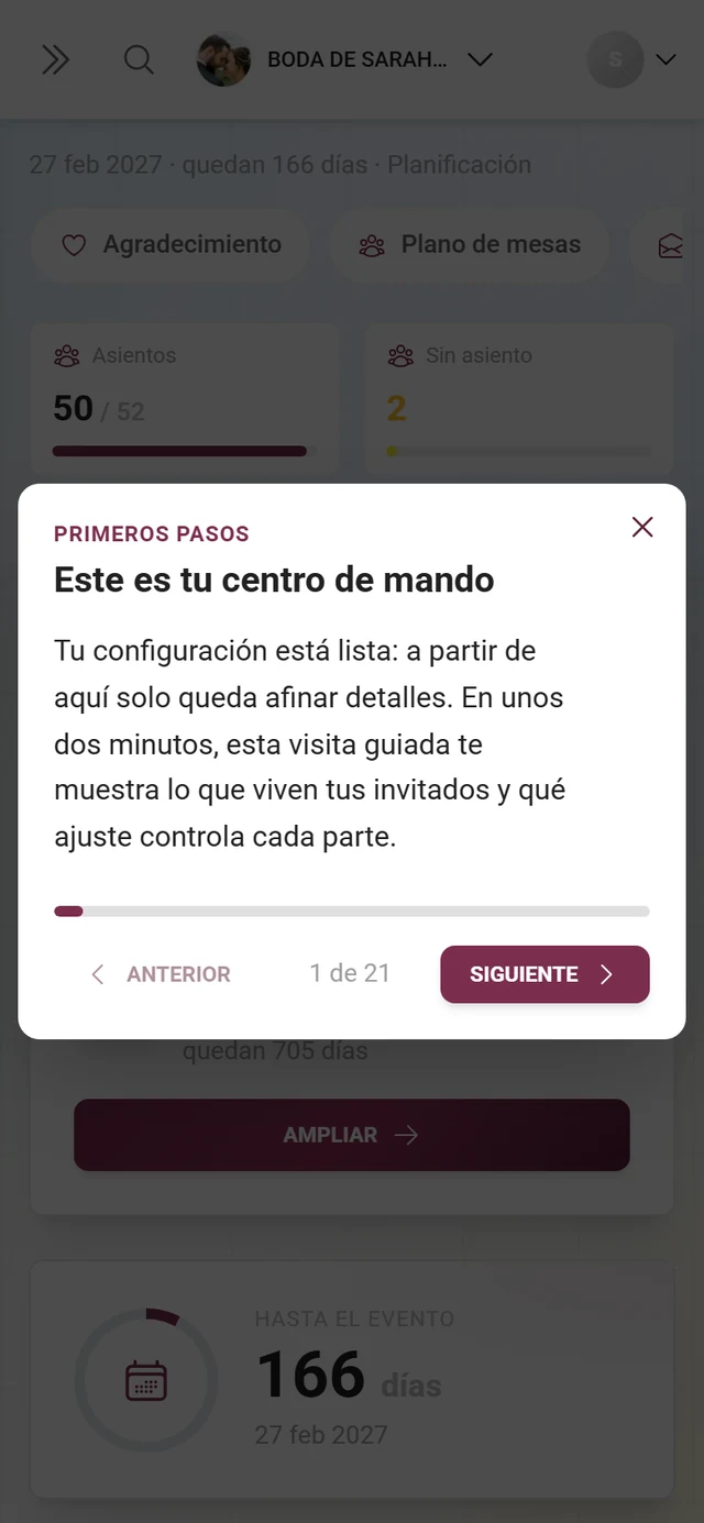 Un paso del tour guiado con la línea de capítulo, título, texto y el indicador X de Y
