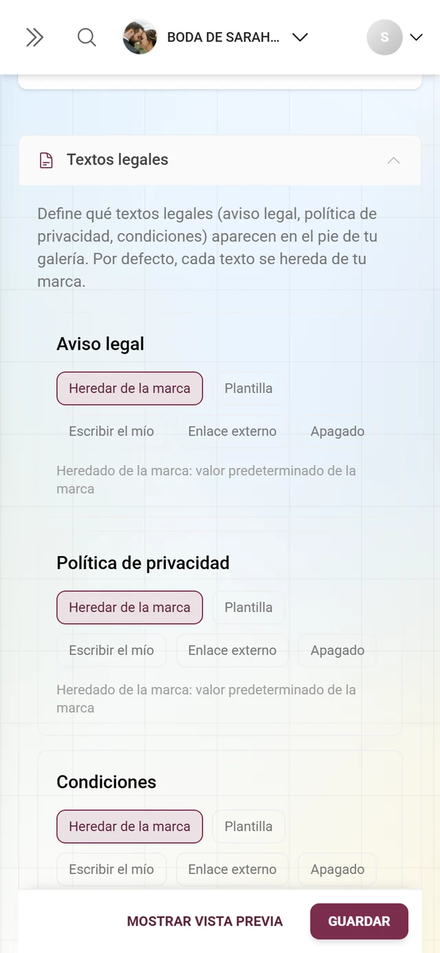 Apartado Textos legales desplegado en la pestaña White-Label
